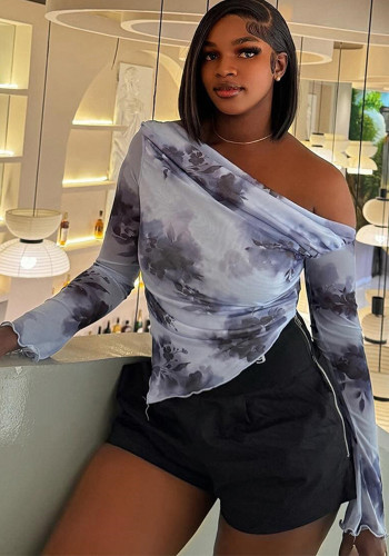 Women's Tie-Dye Print Slash Shoulder Irregular Long Sleeve T-Shirt