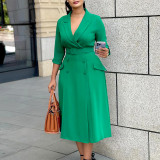 Women's Fashion Chic Double Breasted Turndown Collar Solid Color Career Dress