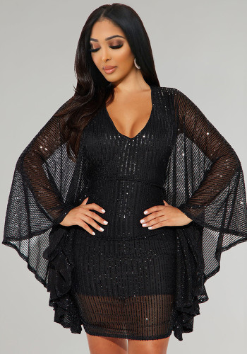 Autumn And Winter Women's Sexy V-Neck Bat Long Sleeve Dress