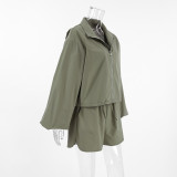 Green Windbreaker Autumn And Winter Loose Stand Collar Long Sleeve Top Split Shorts Casual Two Piece Set
