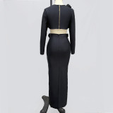 Solid Color Long Sleeve Flower Bandage Top Long Skirt Two-Piece Set