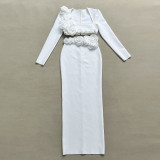 Solid Color Long Sleeve Flower Bandage Top Long Skirt Two-Piece Set