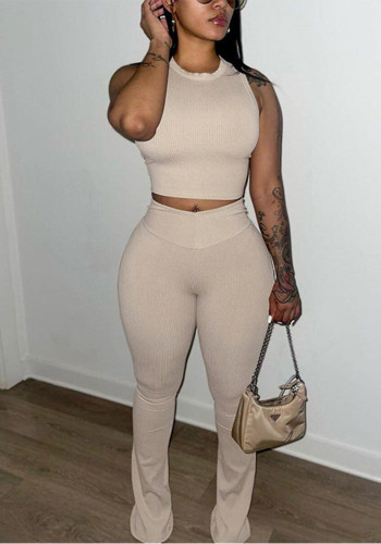 Fashionable Casual Women's Solid Color Slim Crop Top High Waist Slim Fit Trousers Ribbed Two-Piece Set