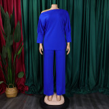 Women's Fall Fashion Solid Color Slash Shoulder Top Wide Leg Pants African Suit