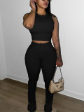 Fashionable Casual Women's Solid Color Slim Crop Top High Waist Slim Fit Trousers Ribbed Two-Piece Set