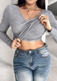 Autumn And Winter Bra Round Neck Solid Color T-Shirt Feminine Basic Long Sleeve Top With Bra Padded