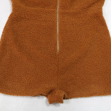 Women's Fashion Zipper Long Sleeve Cargo Shorts Jumpsuit