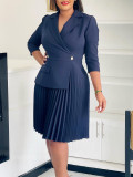 Women's Fall Fashion Chic Turndown Collar Solid Color Pleated African Dress