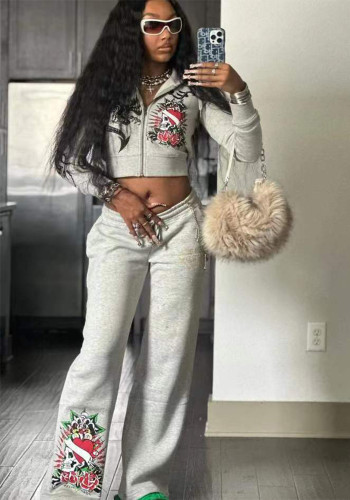 Autumn And Winter Women's Fashion Casual Printed Zipper Hooded Two Piece Tracksuit