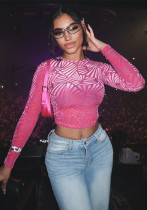 Autumn And Winter Mesh Flocking Women Crop Slim Long Sleeve T-Shirt Autumn And Winter Mesh Flocking Women Crop Slim Long Sleeve T-Shirt