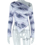 Women's Tie-Dye Print Slash Shoulder Irregular Long Sleeve T-Shirt