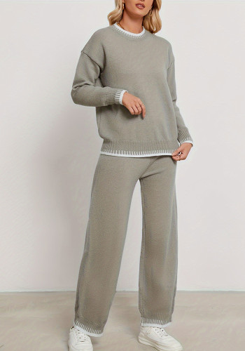 Autumn And Winter Color Matching Long Sleeve Knitting Top Fashion Pants Two Piece Set