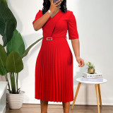 Women's Solid Color V Neck Fashion Chic Pleated African Dress