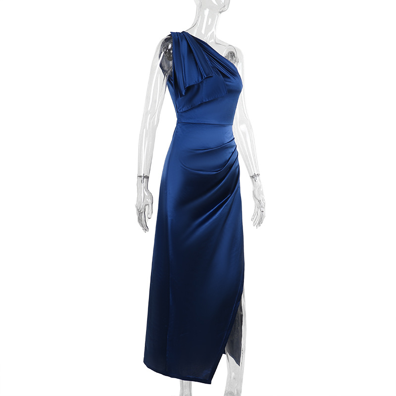 Autumn And Winter Chic Sexy Slim Slash Shoulder Slit Satin Dress