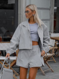 Green Windbreaker Autumn And Winter Loose Stand Collar Long Sleeve Top Split Shorts Casual Two Piece Set