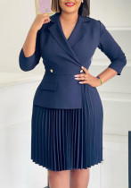 Women's Fall Fashion Chic Turndown Collar Solid Color Pleated African Dress