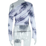 Women's Tie-Dye Print Slash Shoulder Irregular Long Sleeve T-Shirt