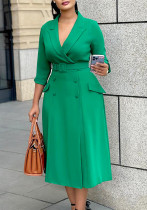 Women's Fashion Chic Double Breasted Turndown Collar Solid Color Career Dress