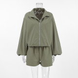 Green Windbreaker Autumn And Winter Loose Stand Collar Long Sleeve Top Split Shorts Casual Two Piece Set