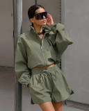 Green Windbreaker Autumn And Winter Loose Stand Collar Long Sleeve Top Split Shorts Casual Two Piece Set