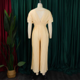Women's V Neck Solid Color Pleated Jumpsuit