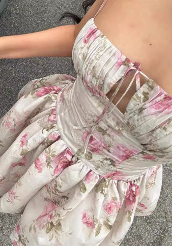 Summer Print Square Neck Sexy Low Back Slim Mini Strap Dress