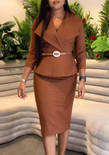 African Fashion Turndown Collar Slim Waist OL Chic Elegant Bodycon Pencil Dress