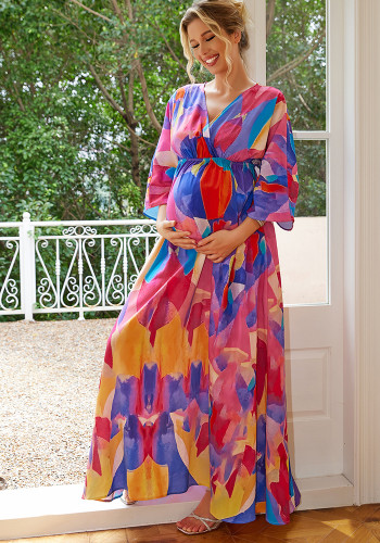 Women's Summer High Waist Casual Floral Printed Maternity Long Dress