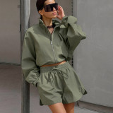Green Windbreaker Autumn And Winter Loose Stand Collar Long Sleeve Top Split Shorts Casual Two Piece Set
