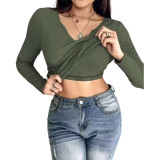 Autumn And Winter Bra Round Neck Solid Color T-Shirt Feminine Basic Long Sleeve Top With Bra Padded