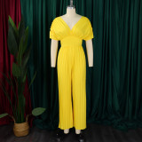 Women's V Neck Solid Color Pleated Jumpsuit