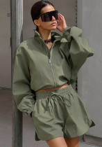 Green Windbreaker Autumn And Winter Loose Stand Collar Long Sleeve Top Split Shorts Casual Two Piece Set Green Windbreaker Autumn And Winter Loose Stand Collar Long Sleeve Top Split Shorts Casual Two Piece Set