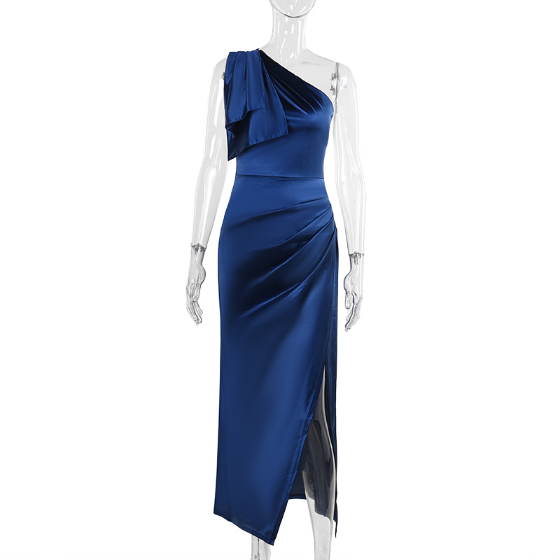 Autumn And Winter Chic Sexy Slim Slash Shoulder Slit Satin Dress