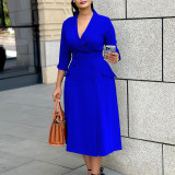 Women's Fashion Chic Double Breasted Turndown Collar Solid Color Career Dress