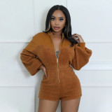 Women's Fashion Zipper Long Sleeve Cargo Shorts Jumpsuit