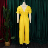 Women's V Neck Solid Color Pleated Jumpsuit