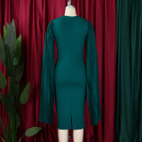 Women's Fashion Solid Color Round Neck Pleated Shawl Sleeve Formal Party Evening Dress