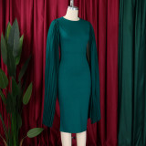 Women's Fashion Solid Color Round Neck Pleated Shawl Sleeve Formal Party Evening Dress