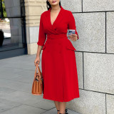 Women's Fashion Chic Double Breasted Turndown Collar Solid Color Career Dress