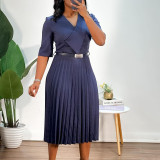 Women's Solid Color V Neck Fashion Chic Pleated African Dress