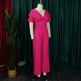 Women's V Neck Solid Color Pleated Jumpsuit