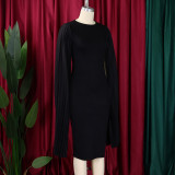 Women's Fashion Solid Color Round Neck Pleated Shawl Sleeve Formal Party Evening Dress