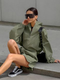 Green Windbreaker Autumn And Winter Loose Stand Collar Long Sleeve Top Split Shorts Casual Two Piece Set