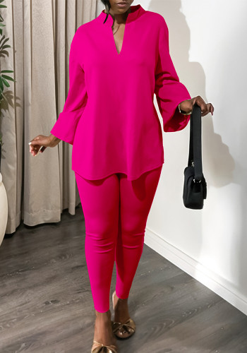 Women's Fall Winter Fashion Solid Color Plus Size V Neck Long Sleeve Top Pants African Suit