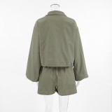 Green Windbreaker Autumn And Winter Loose Stand Collar Long Sleeve Top Split Shorts Casual Two Piece Set