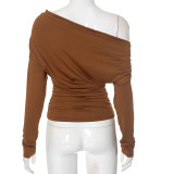 Women's Slim Off Shoulder Long Sleeve Pleated Fashion T-Shirt Top