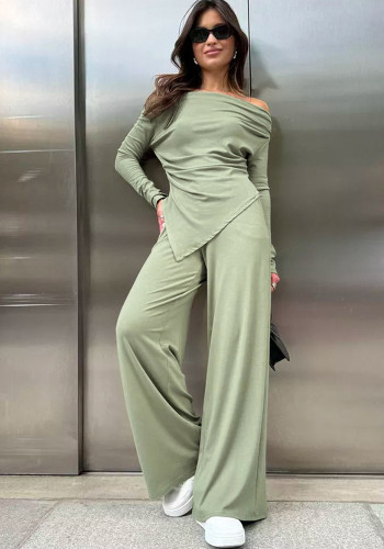 Autumn And Winter Grey Knitting Fashion Off Shoulder Long Sleeve Top High Waist Wide Leg Pants Casual Two Piece Set