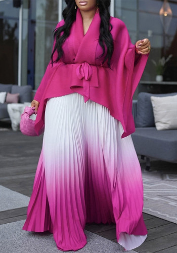 African Pleated Irregular Belt Top Gradient Skirt Two-Piece Set