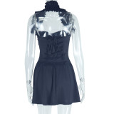 Women's Fashion Solid Color Sexy Deep V-Neck Halter A-Line Dress