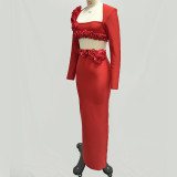 Solid Color Long Sleeve Flower Bandage Top Long Skirt Two-Piece Set